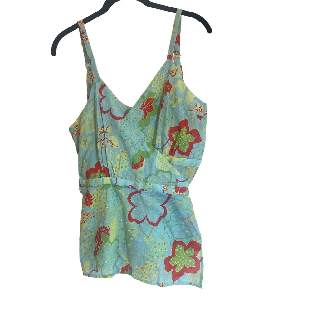ModCloth Womens Blue Floral Clip Dot Surplice‎ Camisole Top Cotton Large